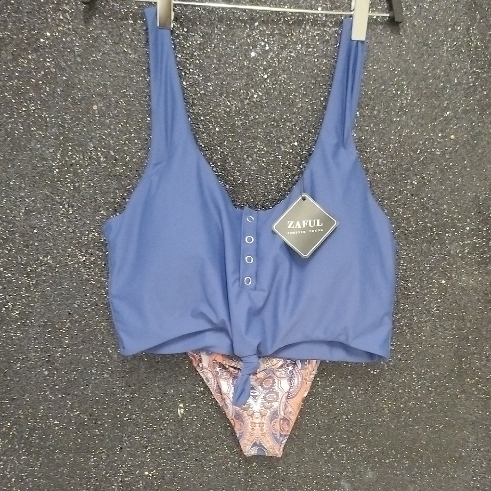 Zaful Blue Top with Pink Patterned Bottom Swimsuit